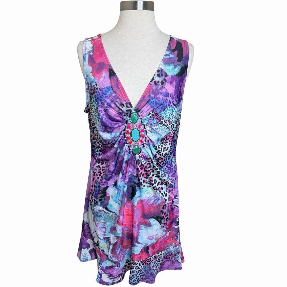 Venus Y2k Colorful Animal Abstract Print Embellished Mini Dress Womens Large